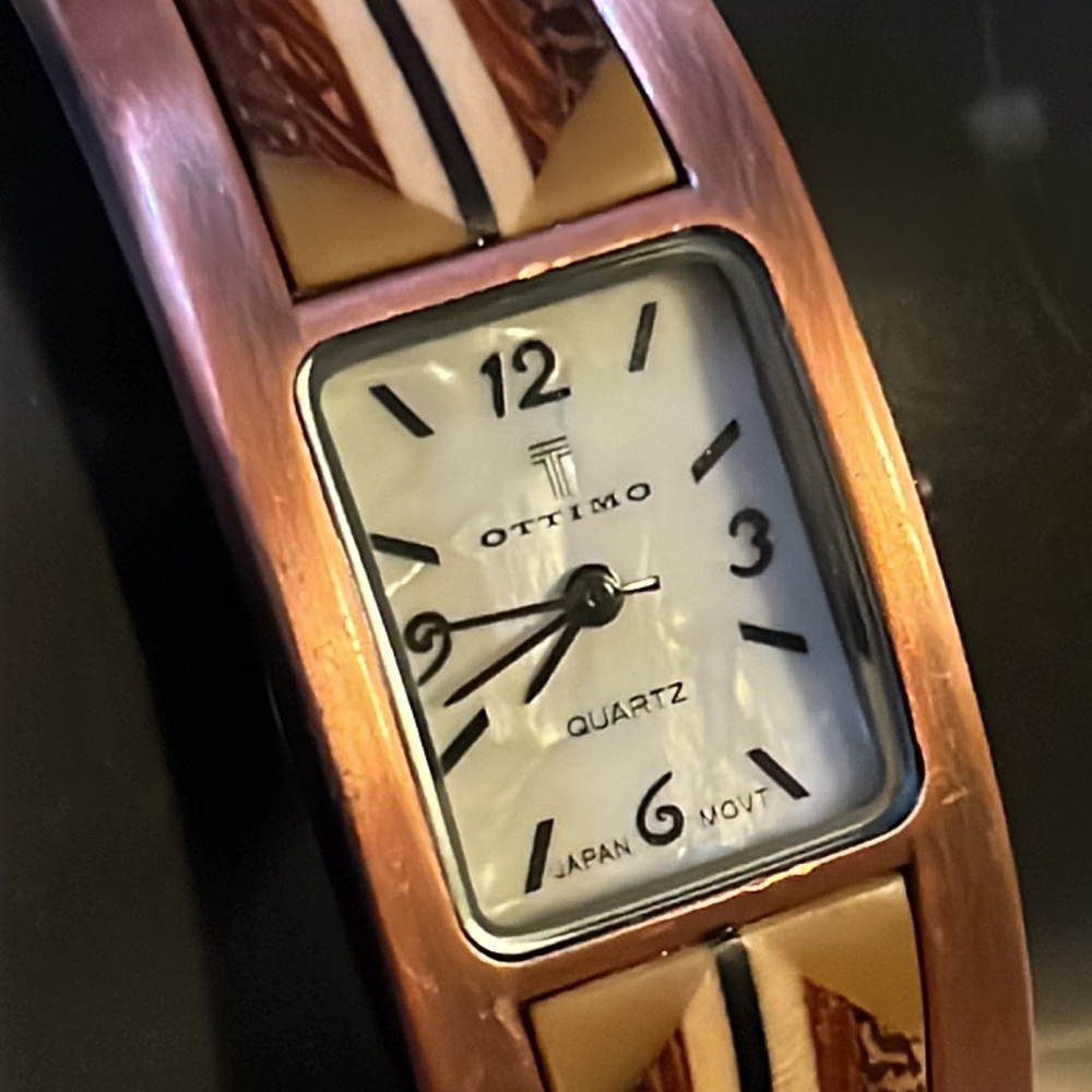 Vintage Ottimo copper cuff,  hinged bracelet with stacked wood trim watch